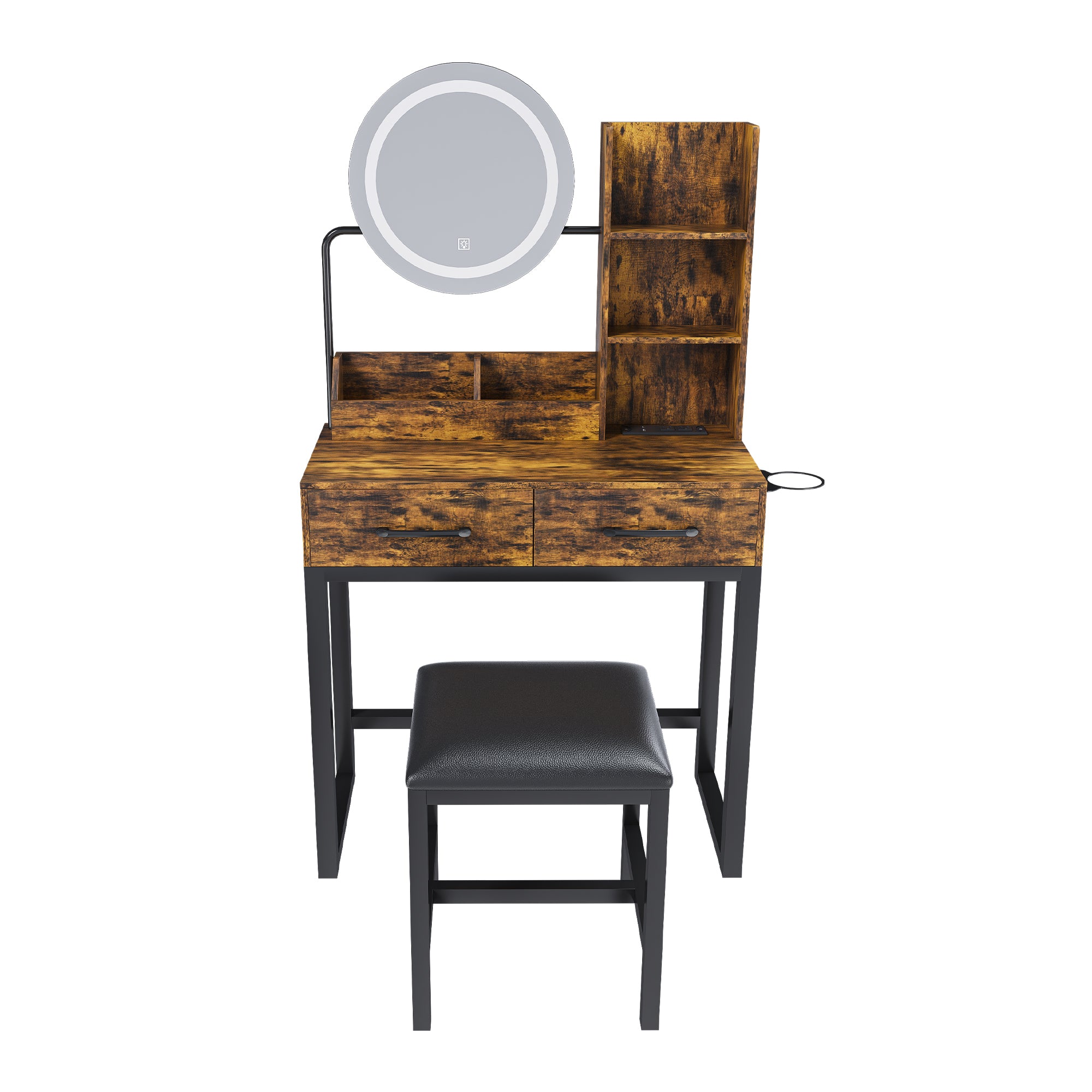 Makeup Vanity Table with LED Lights, 3 Color Options, Power Outlet, Brown MDF, 31.5 x 15.75 x 52.36 inches