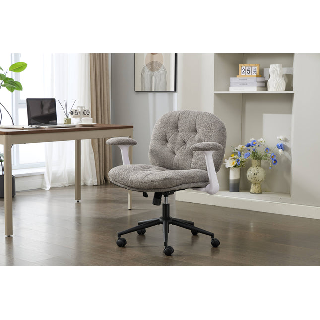 Cross Legged Chair with Flip-up Armrests, Comfy Swivel Chairs with Wide Seat for Women, Adjustable Makeup Vanity Chair for Apartment, Home, Office,Grey.