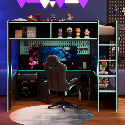 Twin Size Gaming Loft Bed with Integrated Desk and Lights, Modern Wooden Bed Frame with Desk and Built-in Charging Station, Black+Blue