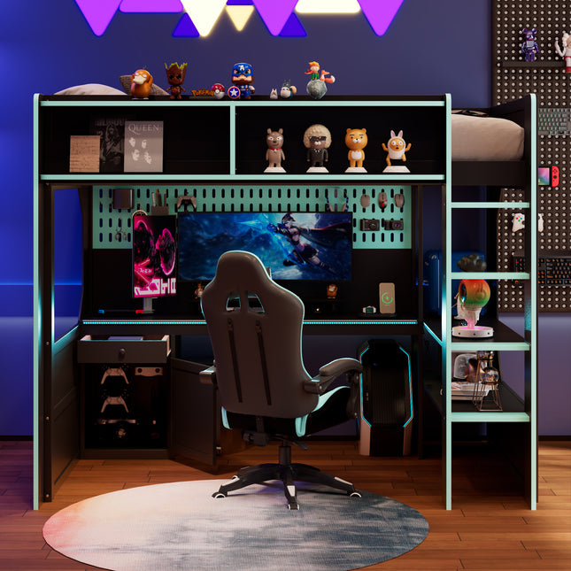 Twin Size Gaming Loft Bed with Integrated Desk and Lights, Modern Wooden Bed Frame with Desk and Built-in Charging Station, Black+Blue