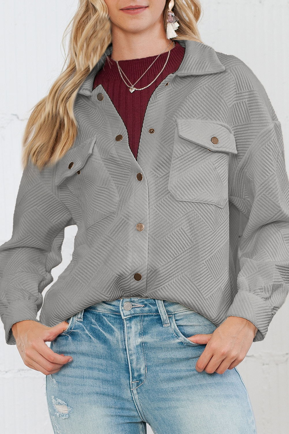 Wholesale Gray Solid Textured Flap Pocket Buttoned Shacket - Eloy Royal