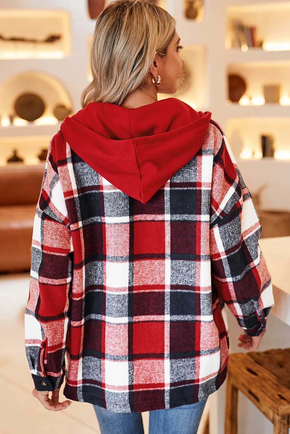 Orange Plaid Button Front Hooded Shacket - Eloy Royal