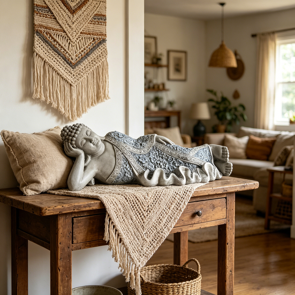 Oriental Zen Reclining Buddha Sculpture, 29''  Vintage Blue Porcelain Pattern Sleeping Buddha Statue, Meditation Spiritual Decor Figurine for Tatami Tea Room, Altar Table, Bedroom & Asian Style Home D