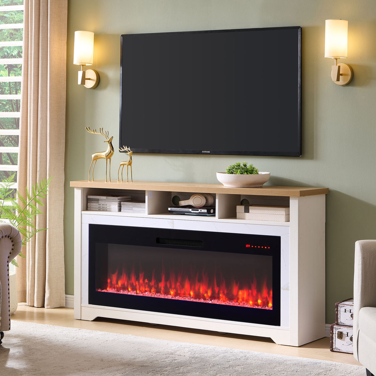 60 inch Fireplace TV Stand for TVs up to 70',with 50'smart Electric Fireplace,white