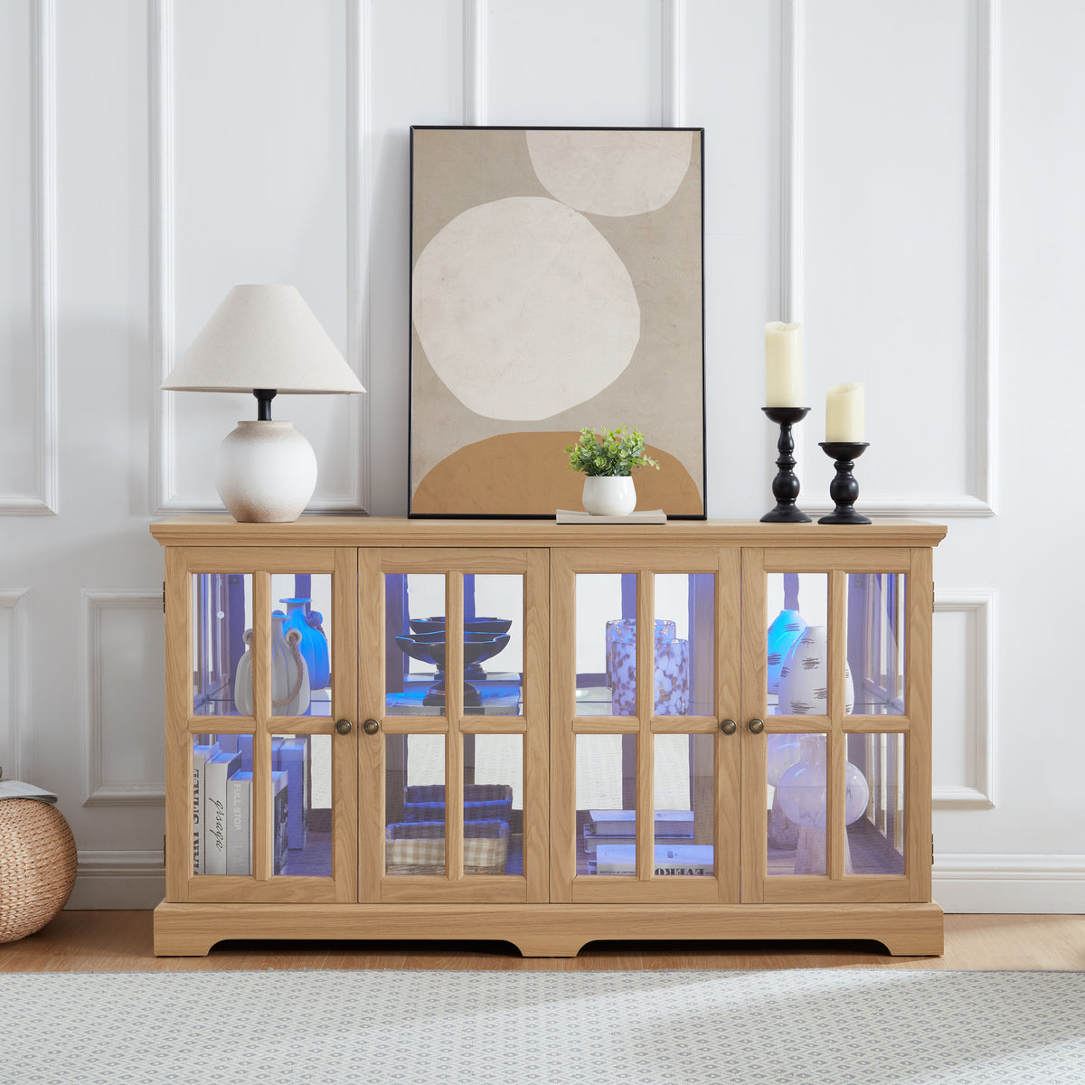 LED Curio Display Cabinet Antique Display Cabinet with Glass Doors Adjustable Shelves for Collectibles Four Door Design Vintage Showcase for Home or Office Antique Display Case OAK