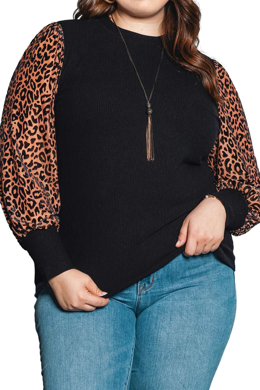 Black Plus Size Leopard Patchwork Mock Neck Top