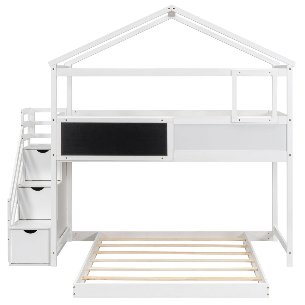 White Twin over Full House Bunk Bed with Storage Staircase and Blackboard, Pine Wood and MDF, 94.4''L x 77.4''W x 86.9''H