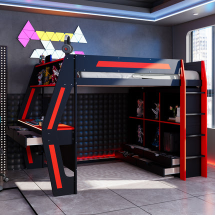 Full Size Gaming Loft Bed with Integrated Desk, Smart RGB LED Lights and USB Ports, Wooden High Bed with 6 Storage Cubbies, 6 Drawers and Safety Staircase, Gamer Bed for Teens and Adults,Black+Red