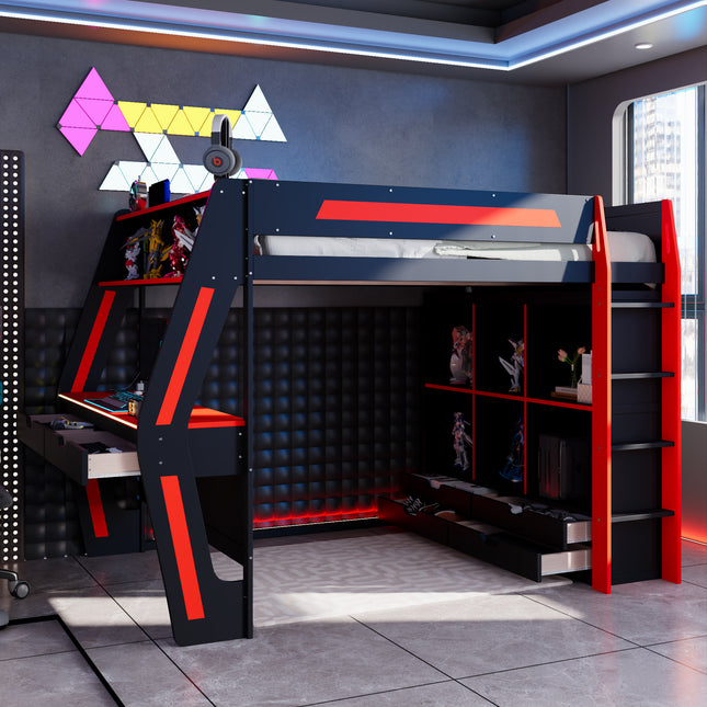 Full Size Gaming Loft Bed with Integrated Desk, Smart RGB LED Lights and USB Ports, Wooden High Bed with 6 Storage Cubbies, 6 Drawers and Safety Staircase, Gamer Bed for Teens and Adults,Black+Red