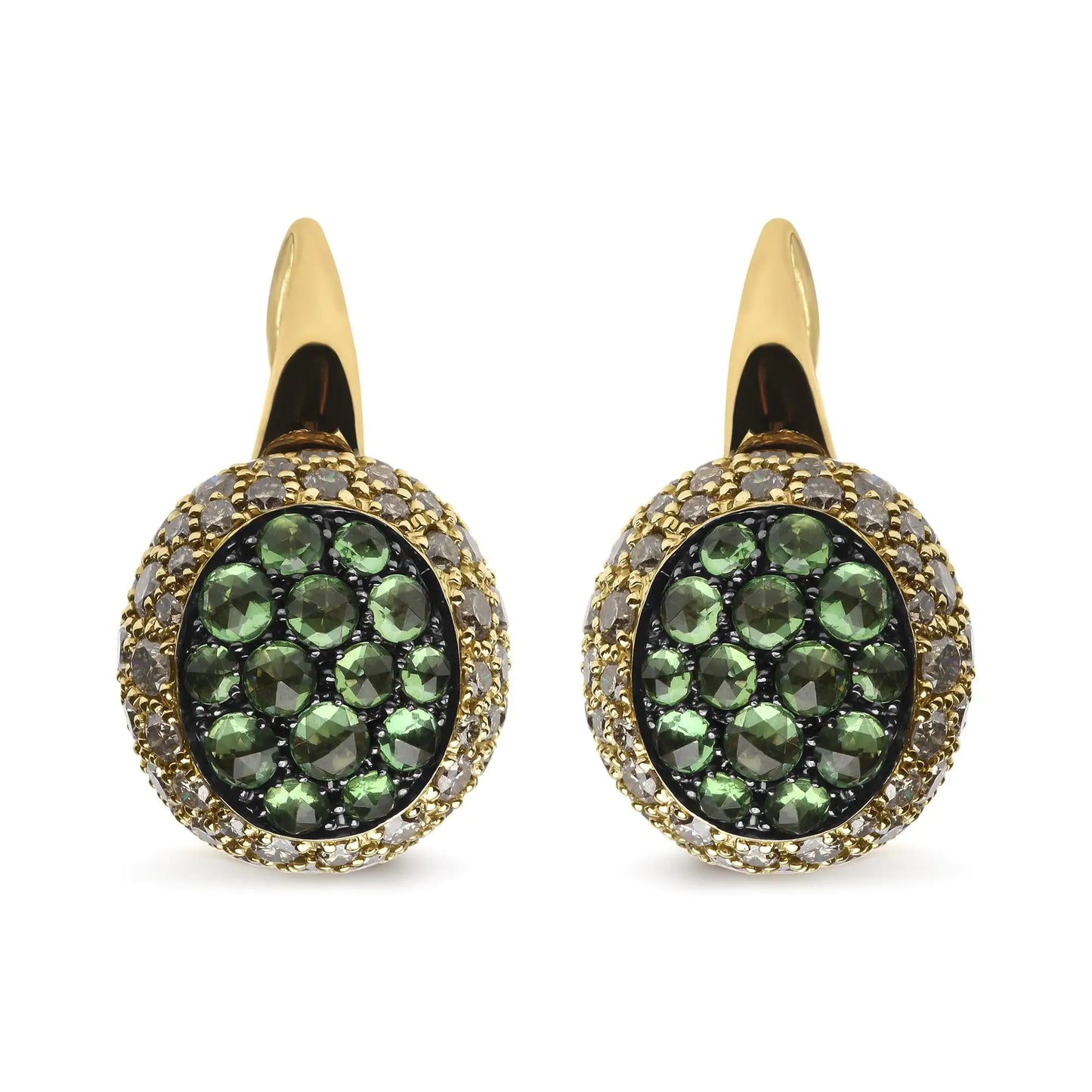 18K Yellow Gold 3 1/2 Cttw Diamond and Round Green Tsavorite Gemstone Round Domed Drop Hoop Earrings (Brown Color, SI1-SI2 Clarity)