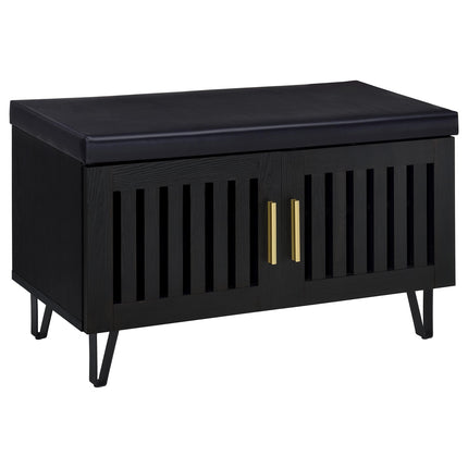 Clackamas Black 2-Door Storage Bench with Padded Seat, Engineered Wood Frame, Metal Hairpin Legs, and Matte Gold Handles