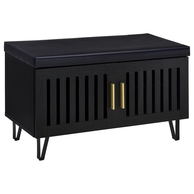 Clackamas Black 2-Door Storage Bench with Padded Seat, Engineered Wood Frame, Metal Hairpin Legs, and Matte Gold Handles