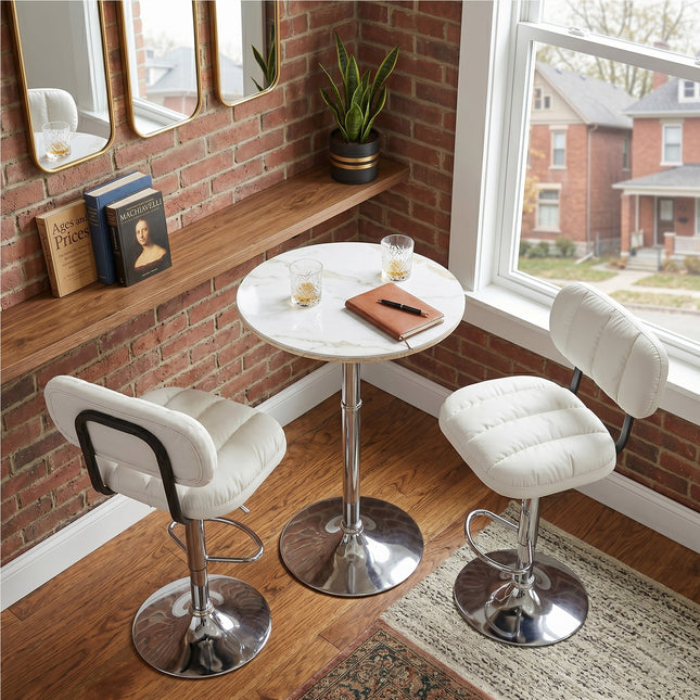 Adjustable Bar Height Set, Round White Marble Pub Table with Chrome Leg & 2 White Padded PU Leather Bar Stools with Swivel Function, Bistro Set for Small Spaces