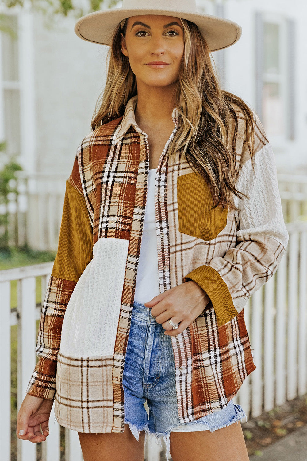 Orange Plaid Color Block Patchwork Pocket Shirt Shacket - Eloy Royal