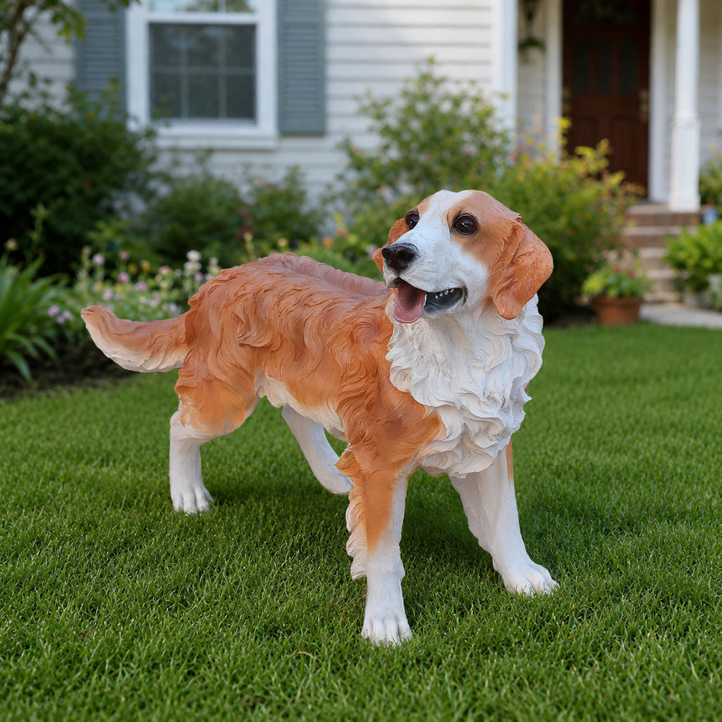 Lifelike Hound Dog Statue, Realistic Resin Animal Figurine for Indoor Outdoor Garden Lawn Yard Home Decor, Art Craft Gift, Brown+White