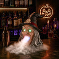 Halloween Witch Head Decor with LED Light and Mist Effect, Spooky Tabletop Decoration with Glowing Eyes