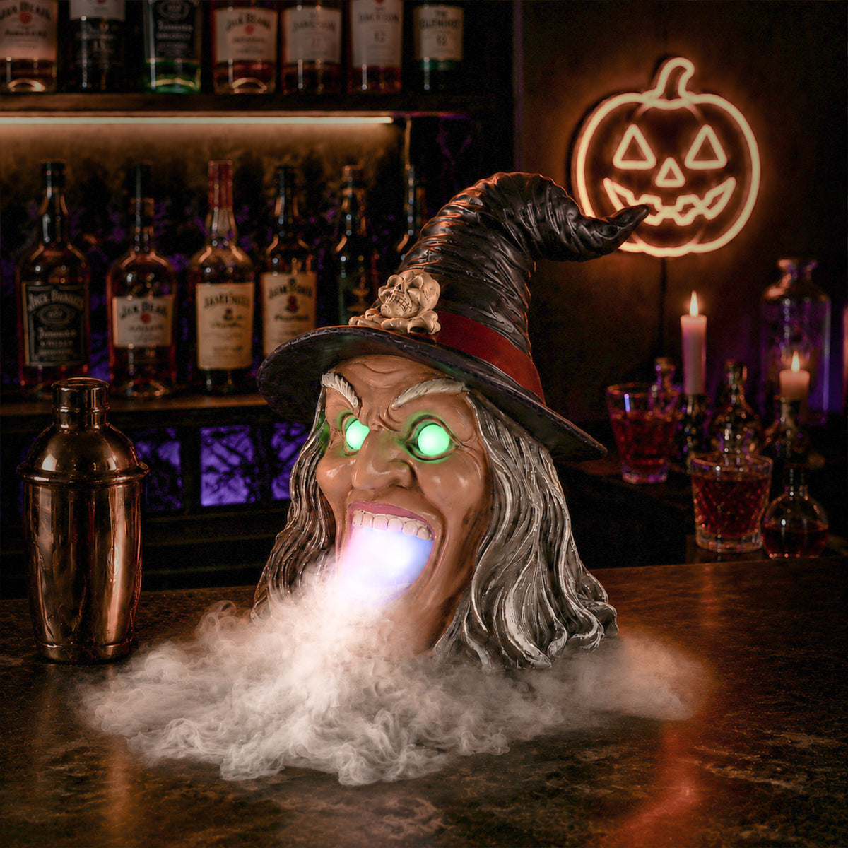 Halloween Witch Head Decor with LED Light and Mist Effect, Spooky Tabletop Decoration with Glowing Eyes