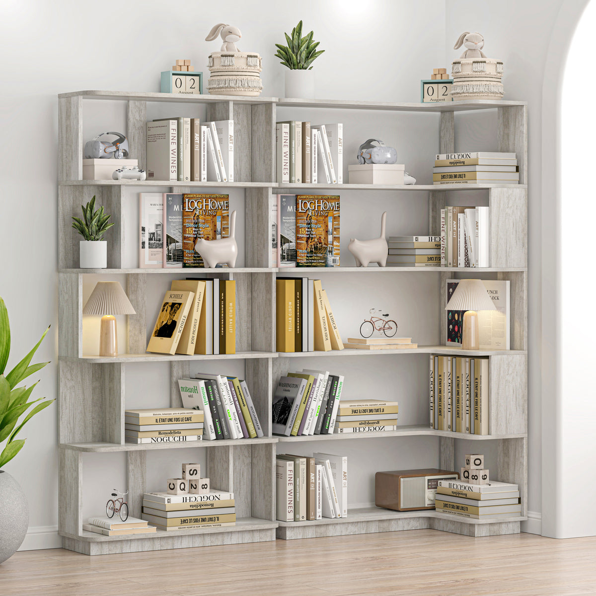 90 cm space saving corner bookshelf + 80 cm bookcase extendable free combination, set of 2 display shelf, light grey color and other 4 colors for option, freely combined and matched furniture