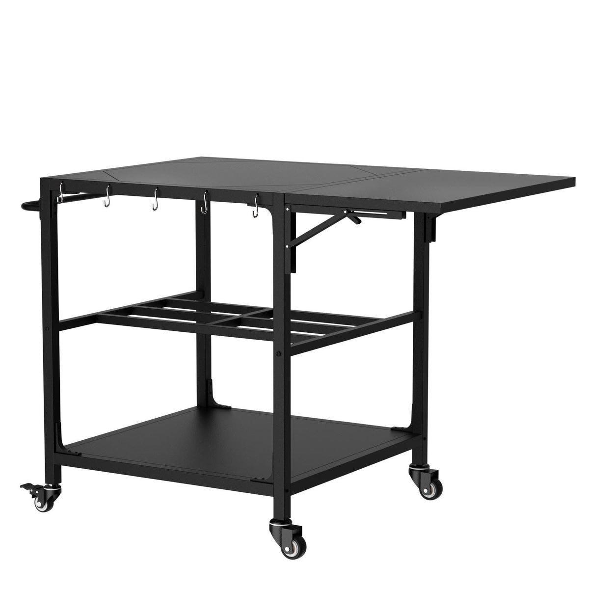Heavy Duty Metal Outdoor Grill Table for Big Green Egg XL, Black Prep Cart with Wheels, Storage Shelf and Hooks, Compatible with Large Kamado Grills