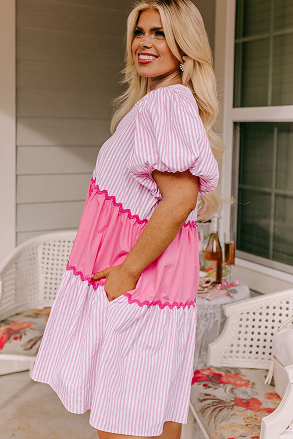 Pink Ric Rac Puff Short Sleeve Striped Flowy Plus Dress - Eloy Royal