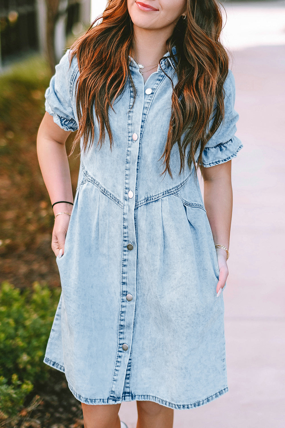 Blue Mineral Washed Ruffled Short Sleeve Pocketed Denim Dress - Eloy Royal