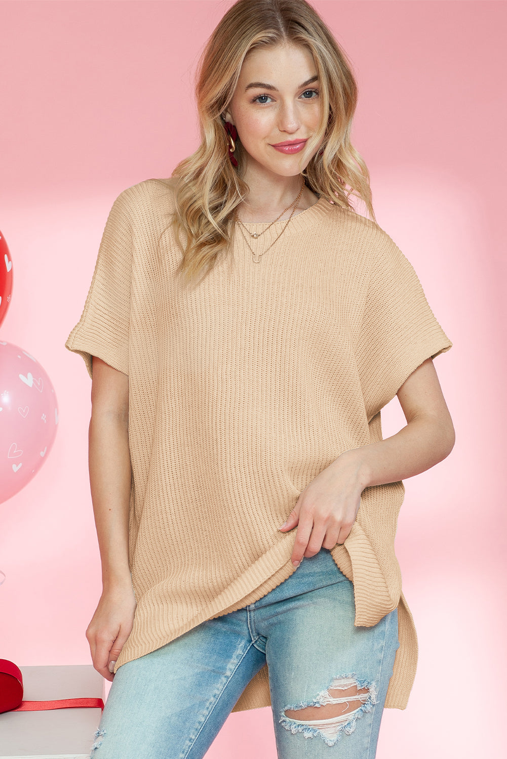 Wholesale Apricot Side Slit Short Sleeve Oversized Sweater - Eloy Royal