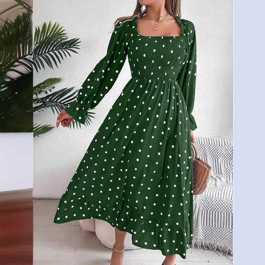 Casual Square Collar Polka Dot Swing Dress With Wooden Ears