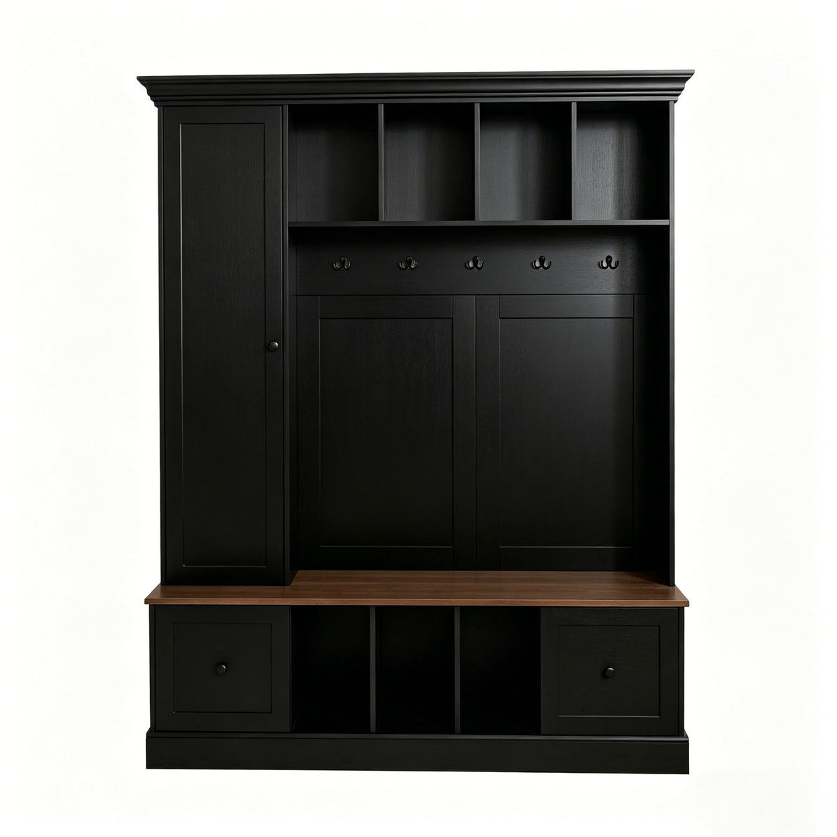 62.2''W Farmhouse Hall Tree with Shoe Storage Bench, Entryway Coat Rack with 5 Hooks, Adjustable Shelf Cabinet with Drawers for Hallway, Entryway, Living Room