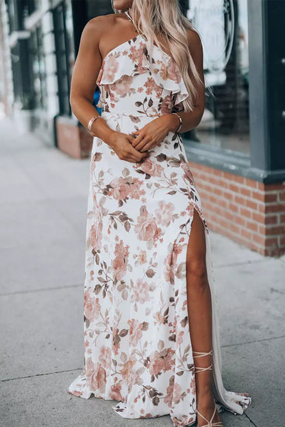 White Floral Slit Ruffled Halterneck Maxi Dress - Eloy Royal