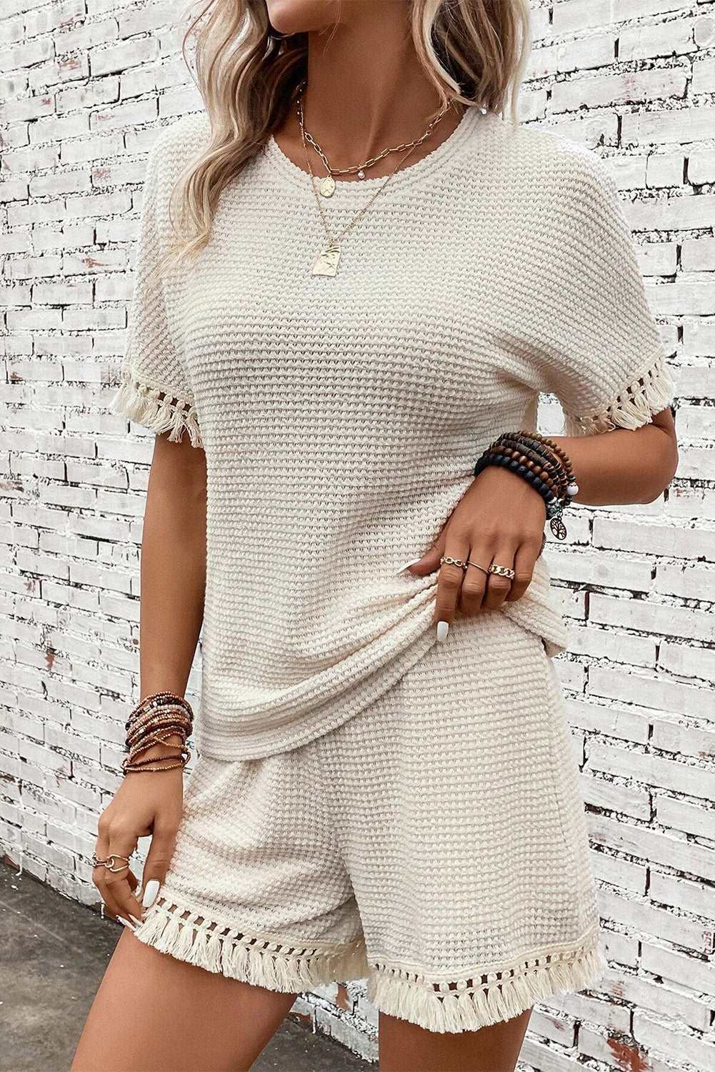 Beige Fringe Trim Waffle Knit Textured Shorts Set