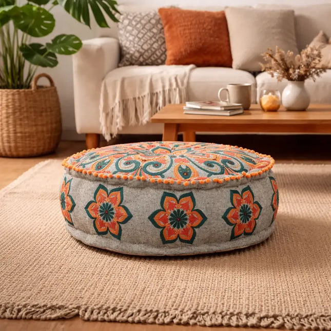 Mandala Pouf with Pompoms 24x24x8' Grey Cotton Fabric