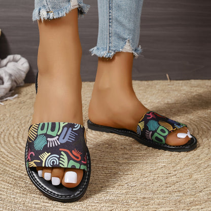 New Fashion Graffiti Print Sandals For Women Summer Round Toe Low Heel Flat Slippers For Women Slides Casual Beach Shoes - Eloy Royal