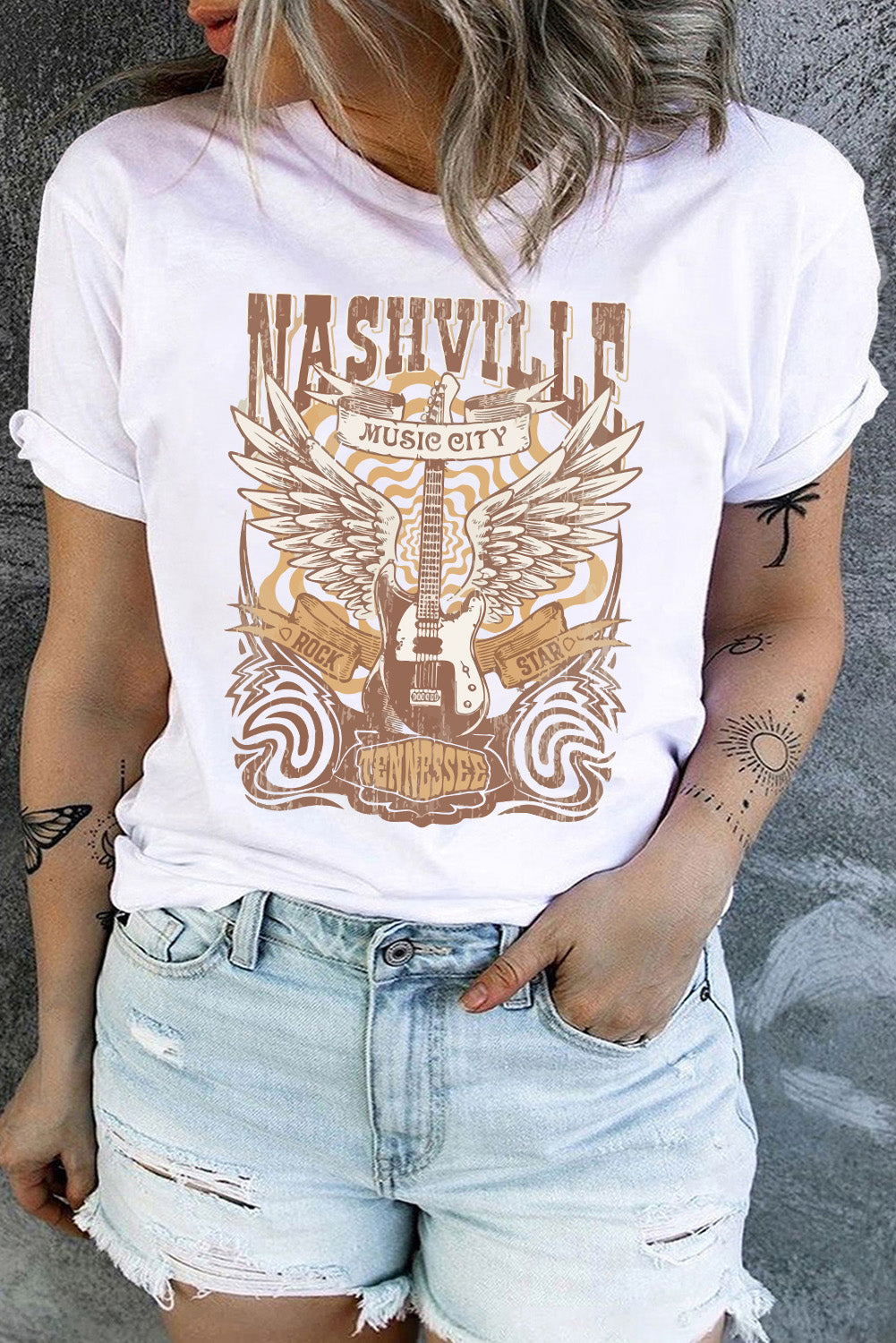 White NASHVILLE MUSIC CITY Guitar Graphic Plus T Shirt - Eloy Royal