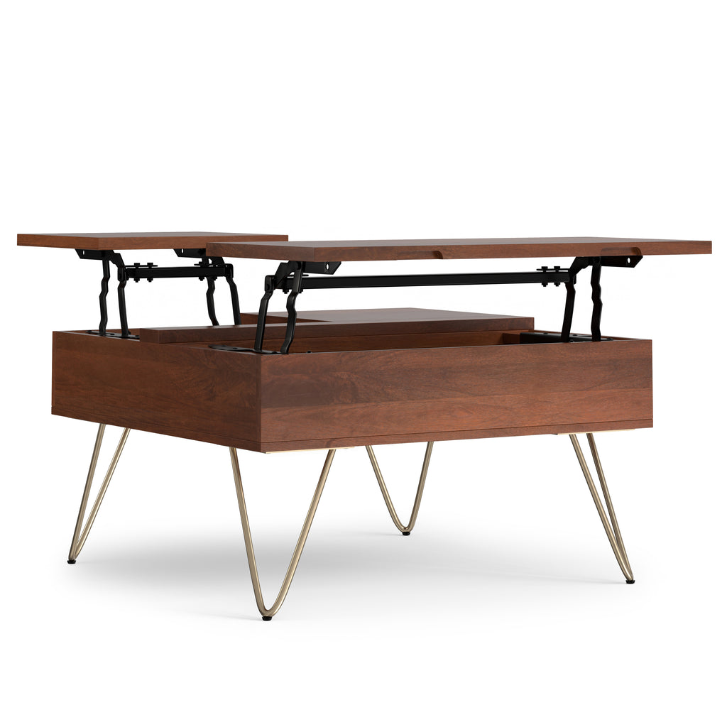 Hunter Solid Mango Wood Lift Top Coffee Table in Umber Brown with Gold Hairpin Legs, 32 Inch Square