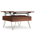 Hunter Solid Mango Wood Lift Top Coffee Table in Umber Brown with Gold Hairpin Legs, 32 Inch Square