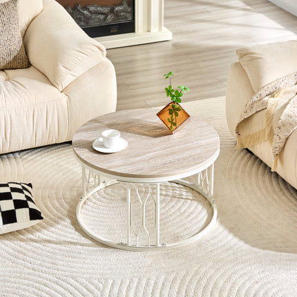 Round MDF Coffee Table with Stone-Effect Texture, 27.5-inch Diameter. Round coffee table for the living room. Wabi-sabi style round coffee table featuring sturdy metal frame legs and easy assembly.