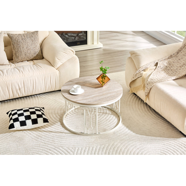 Round MDF Coffee Table with Stone-Effect Texture, 27.5-inch Diameter. Round coffee table for the living room. Wabi-sabi style round coffee table featuring sturdy metal frame legs and easy assembly.