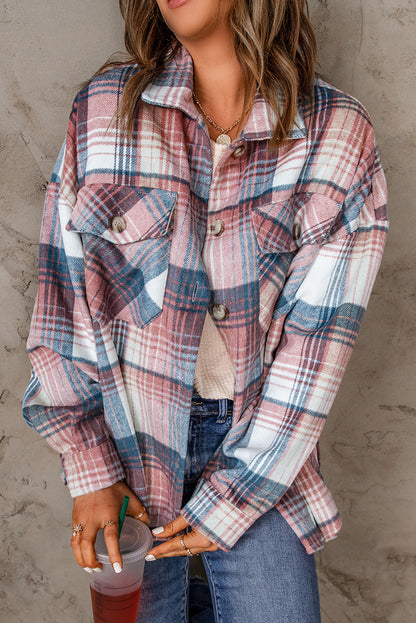 Pink & Grey Plaid Button Up Collared Flannel Shacket - Eloy Royal