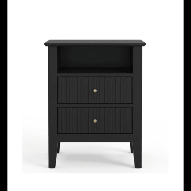 Modern Black Fluted 2-Drawer Nightstand Set of 2 with Storage, Engineered Wood, 18' Wide, Matte Finish
