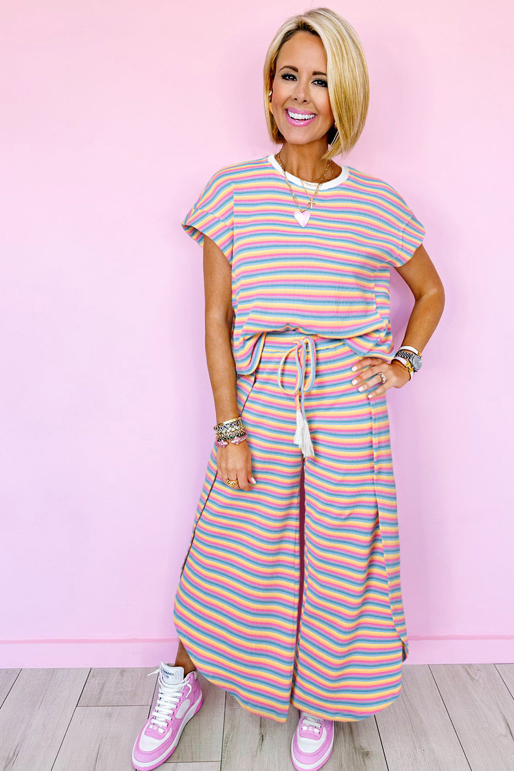 Pink Stripe Rainbow Tee and Tassel Drawstring Wide Leg Pants Set - Eloy Royal