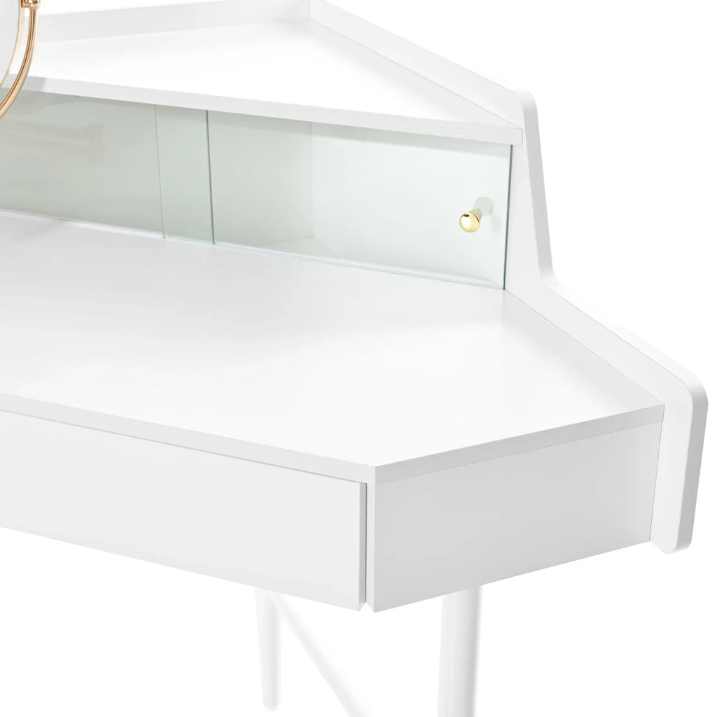 Corner Makeup Vanity Desk With Mirror & LED Lights, Modern Vanity Set With Mirror And Stool, Dressing Table With Large Storage For Small Place, Brightness Adjustable Folding Mirror, White - Eloy Royal