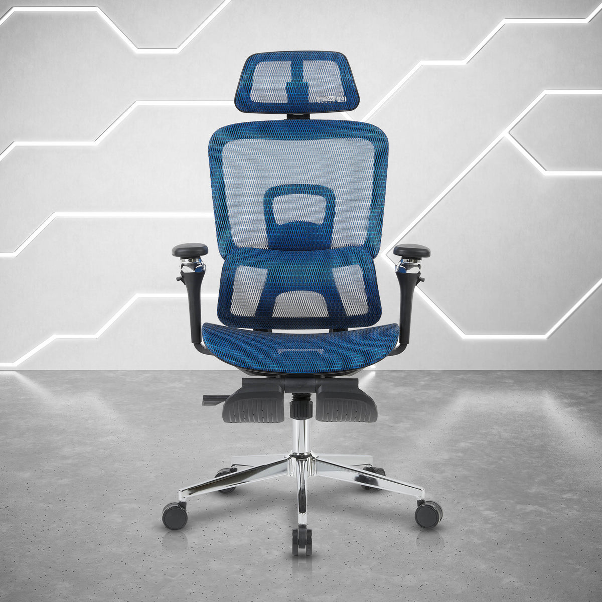 Ergonomic Mesh Office Chair with 5D Armrests & Retractable Footrest, Blue