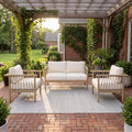 Outdoor Acacia Wood 3-Piece Furniture Set, Loveseat + 2 Single Armchairs Patio Conversation Set,Light Teak+Beige Rope+Cream Cushion