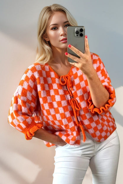 Double Take Tied Checkered Dropped Shoulder Flounce Sleeve Cardigan