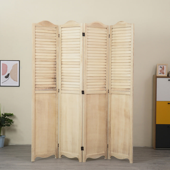 Natural 4 Panel Arc Top Rustic Shutter Style Room Divider, Rustic Wood Foldable Room Divider