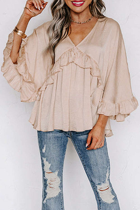 Apricot V Neck Draped Batwing Sleeve Ruffle Top