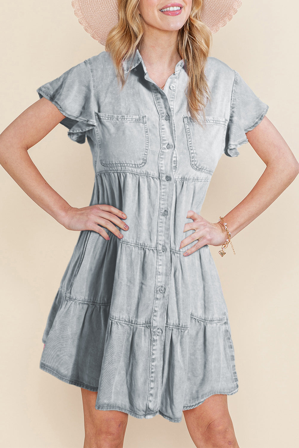 Bonbon Mineral Washed Ruffle Sleeve Tiered Chambray Dress - Eloy Royal