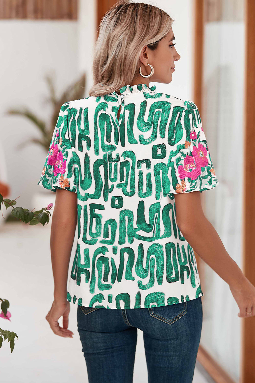 Blackish Green Abstract Floral Print Frilled Neck Puff Sleeve Blouse - Eloy Royal