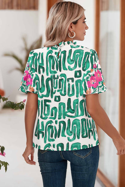 Blackish Green Abstract Floral Print Frilled Neck Puff Sleeve Blouse - Eloy Royal