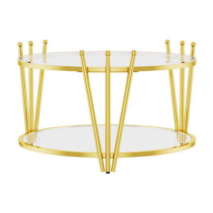 31.5inch Modern Luxury Gold Coffee Table for Living Room, Stainless Steel Leg Crown Design, Round 8mm Clear Tempered Glass Sofa Center Table